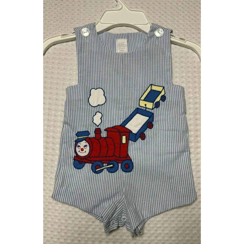 Vintage 80s Boys Baby Romper 18 Month Seersucker Train Jumper Snap Blue Stripes
